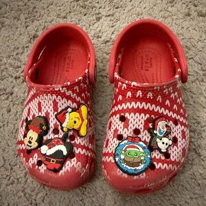 CROCS Red Sweater Print Clogs with Disney Holiday Charms